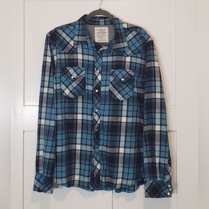 SUPER BAD SHIRT SBS Size XXL Pearl Snap Down Flannel Plaid Shirt Blue White